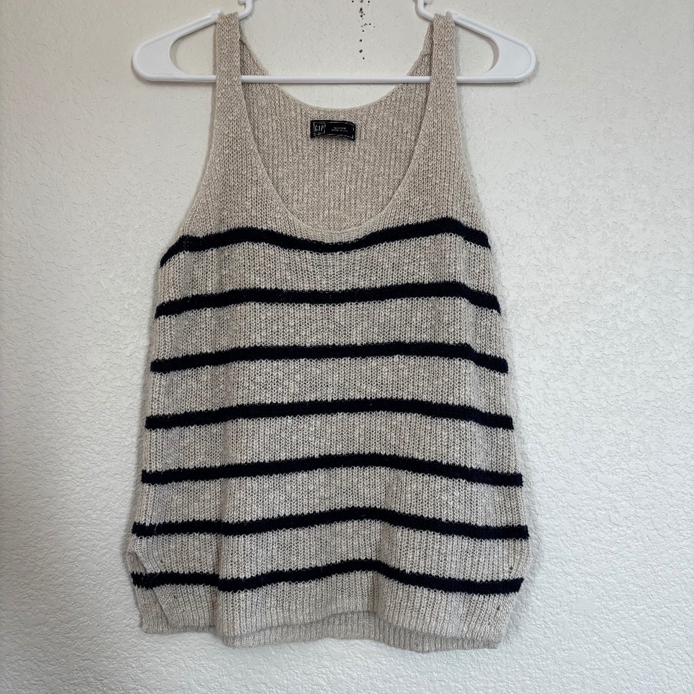 GAP Scoop Neck Knit Tank Striped Sweater Tan and Navy Sz M Cotton Linen Blend